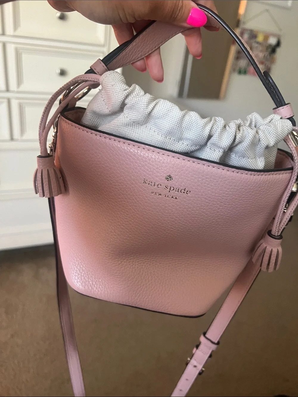 NWOT Kate Spade Pink Pebbled Leather Drawstring Bucket Crossbody
